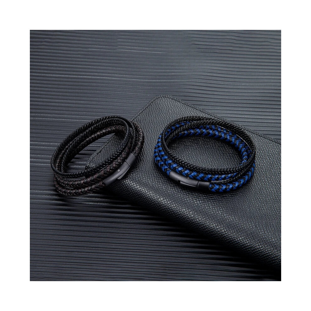 Photos - Bracelet Mens Double Layer Leather Stainless Steel Button (19cm, Black Blue)