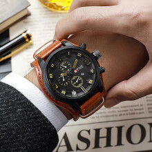 (Orange) Retro Mens Quartz Watch Leather Strap Date Military Wristwatch
