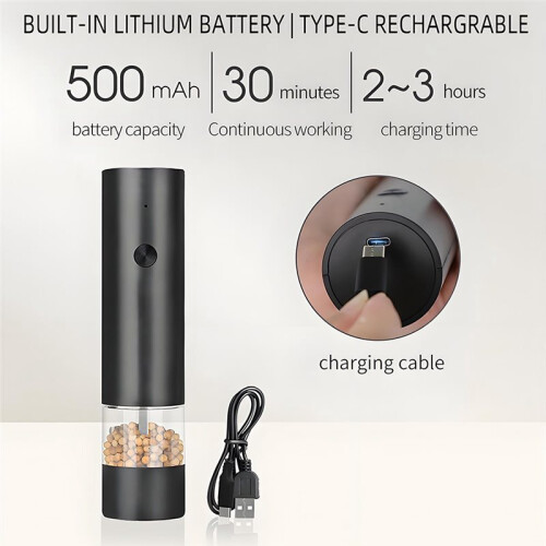 Electric Pepper Grinder - Rechargeable, Adjustable Coarseness, Easy Clean, One-Handed Operation, Kitchen Essential