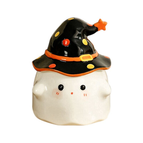 Coffee Cup, Cute  Face Cup with Witch Hat Lid, Novelty Halloween Ceramic Tea Cup, for Halloween Black