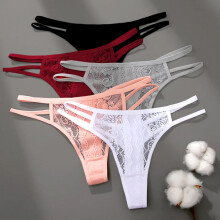 (Cotton Red, 1pc) Sexy Lace Thin Waist Panties Hollow Out Thongs G-String Underwear