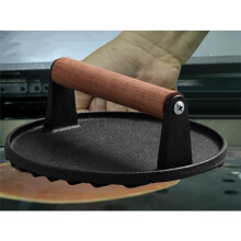 Cast Iron Meat Press Board with Wooden Handle for BBQ, Steak Grill Round Meat Press, Meat Patty Press (Round)