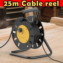 Four Socket Open Cable Reel Extension Lead with Winding Handle, Thermal Cut Out and Power Switch, 25 Metres, for DIY, Workshop, Garden, Home Use