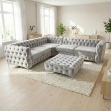 (Silver, 5 Seater Corner) Monaco 5 Seater Corner Sofa Plush Velvet Chesterfield Sofa Set Elegant Lounge Suite
