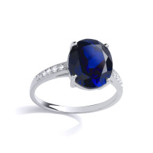 (P) Jewelco London Ladies Rhodium Plated Sterling Silver Blue Oval CZ Shoulder Set Solitaire Cocktail Ring - GVR891