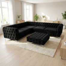 (Black, 5 Seater Corner) Monaco 5 Seater Corner Sofa Plush Velvet Chesterfield Sofa Set Elegant Lounge Suite