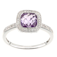 (P) Jewelco London 9ct White Gold 13pts Diamond Cushion 1.25ct Amethyst Square Cushion Beaded Halo Cocktail Ring - DR1AXL679WAM