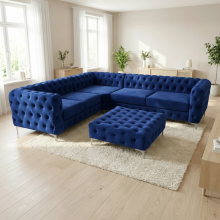 (Blue, 5 Seater Corner) Monaco 5 Seater Corner Sofa Plush Velvet Chesterfield Sofa Set Elegant Lounge Suite