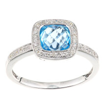 (Q) Jewelco London 9ct White Gold 13pts Diamond Cushion 2ct Blue Topaz Square Cushion Beaded Halo Cocktail Ring - DR1AXL679WBT