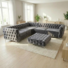 (Grey, 5 Seater Corner) Monaco 5 Seater Corner Sofa Plush Velvet Chesterfield Sofa Set Elegant Lounge Suite