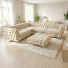 (Cream, 5 Seater Corner) Monaco 5 Seater Corner Sofa Plush Velvet Chesterfield Sofa Set Elegant Lounge Suite