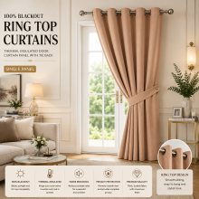 (66" width x 84" drop (Door Curtain) , Beige) Thermal Insulated Blackout Curtains Ringtop Eyelet Curtain Pair with Tiebacks