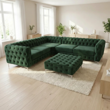 (Green, 5 Seater Corner) Monaco 5 Seater Corner Sofa Plush Velvet Chesterfield Sofa Set Elegant Lounge Suite