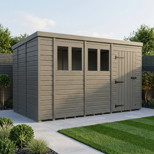 14x9 Pent Composite Shed Tanalised (Single Door, With Windows)