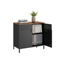 Double-Door Floor Cabinet - Steel Frame - Rustic Brown and Black - Adjustable Shelf with Magnetic Closure and Industrial Style