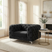 (Black, Armchair) Monaco 5 Seater Corner Sofa Plush Velvet Chesterfield Sofa Set Elegant Lounge Suite