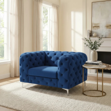 (Blue, Armchair) Monaco 5 Seater Corner Sofa Plush Velvet Chesterfield Sofa Set Elegant Lounge Suite