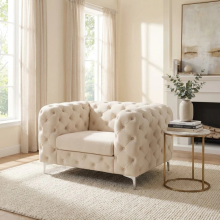 (Cream, Armchair) Monaco 5 Seater Corner Sofa Plush Velvet Chesterfield Sofa Set Elegant Lounge Suite