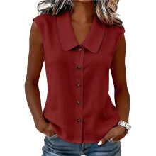 Womens Tank Tops Summer Collared Sleeveless Tops Loose Button Shirts Casual Elegant Clothes Wine Red L