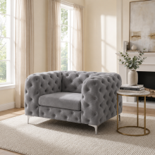 (Grey, Armchair) Monaco 5 Seater Corner Sofa Plush Velvet Chesterfield Sofa Set Elegant Lounge Suite