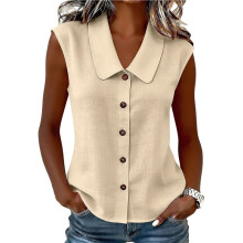 Womens Tank Tops Summer Collared Sleeveless Tops Loose Button Shirts Casual Elegant Clothes Apricot Color XXXL