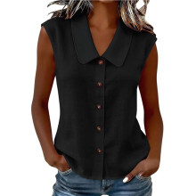 Womens Tank Tops Summer Collared Sleeveless Tops Loose Button Shirts Casual Elegant Clothes Black L