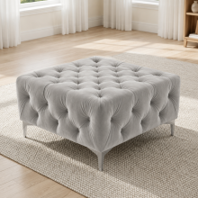 (Silver, Footstool) Monaco 5 Seater Corner Sofa Plush Velvet Chesterfield Sofa Set Elegant Lounge Suite