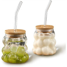 2-Teiliges Set Traubenförmiger Gläser mit Bambusdeckeln und Strohhalmen, 350 Ml Trinkgläser, Kaffeetassen für Wasser, Tee, Saft