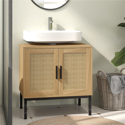Boho badkamermeubel met rotan design, eikenhout 2