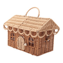 Rattan House Shaped Basket, Decorative Hand Woven Shelf Organizer with Folding Handle,Harvest Wicker Basket