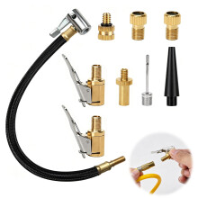 9PCS Tyre Inflator Adaptor Kit, 35cm Tyres Pump Hose with 2PCS 8mm Solid Brass Tyre Valve Air Chuck and 6PCS Valve Adapters, Quick Release Tyre Pump