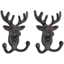 2er-Pack Wandhaken Aus Gusseisen mit Hirschkopf - Dekorative Kleiderhaken Zur Wandmontage zum Aufhängen Von Schlüsseln, Vintage-Aufhänger mit
