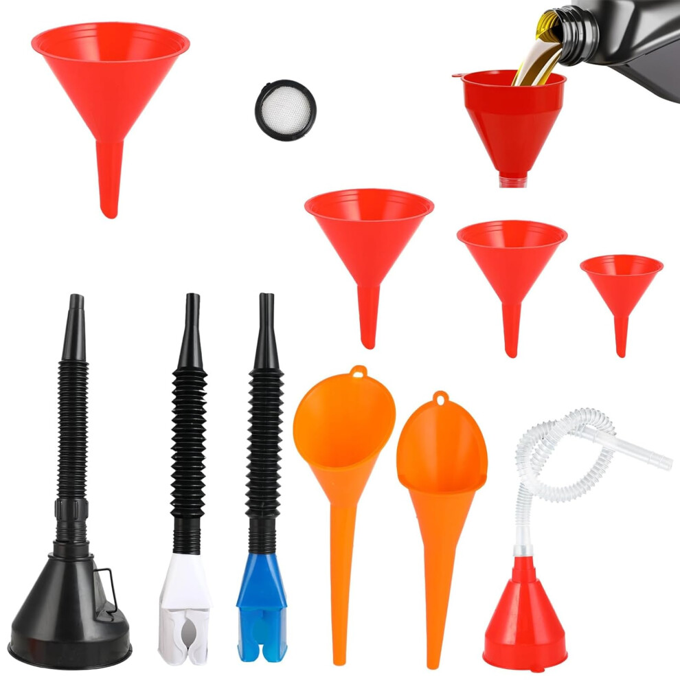 10 Pcs Fuel Funnel Set, Flexible Right Angle Plastic Funnel, Long Mouth Car Oil Funnels, Petrol Funnels With Detachable Spout And Filter, Universal Fu Red/Black/Orange 735812533858