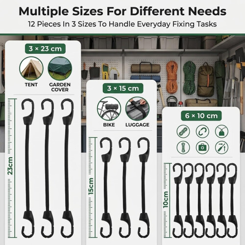 3 Sizes Small Bungee Cords with Hooks(4in/6in/9in), 12PCS Bungee Straps 1