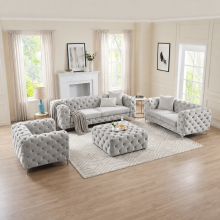 (Silver, 3 Seater) Luxury 3+2 Velvet Sofa Set Monaco Chesterfield Settee Lounger Loveseat Couch Set