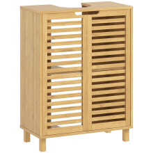 Badkamerkastje van bamboe met lamellendeuren en verstelbare plank.
