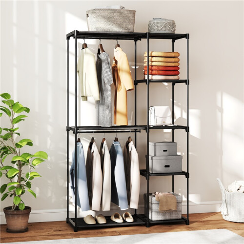 Schwarzer Stoffkleiderschrank mit Kleiderstange und Ablagefächern 2