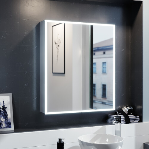 NES Home LED 600 x 700mm Mirror Cabinet Storage Wall Mounted Bathroom Cupboard
