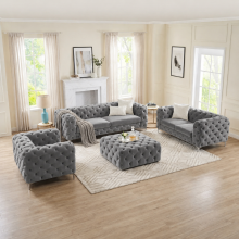 (Grey, 3+2 Seater) Luxury 3+2 Velvet Sofa Set Monaco Chesterfield Settee Lounger Loveseat Couch Set
