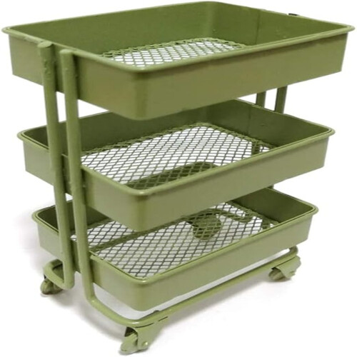 Mini Trolley Storage Rack with Wheels Dollhouse Shelf Display Green