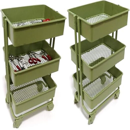 Mini Trolley Storage Rack with Wheels Dollhouse Shelf Display Green 1