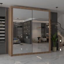 (Walnut 90cm) Modern Double Mirrored Sliding Wardrobes