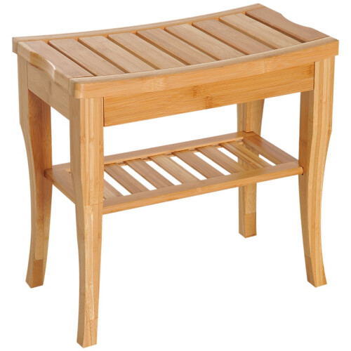 Bamboo Shower Stool with Shelf, Bathroom Seat, Natural 1