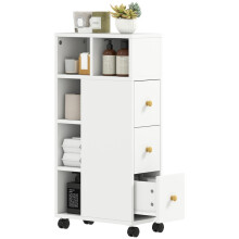 Narrow Bathroom Cabinet with Wheels, 3 Drawers, White