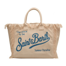Geräumige Strandtasche mit handgefertigten Quasten, stilvolle Jeans-Tasche mit trendigen rosa Prints und lässigem Sommerstil