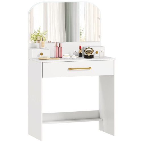 Compact Dressing Table with Mirror and 3 Drawers, White