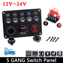 5 Gang Switch Panel 12V/24V Red LED Light Rocker Console For Car RV Boat Marine