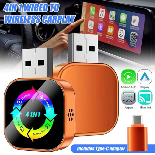4-in-1 Wireless CarPlay Android Auto MirrorLink Adapter BT WiFi USB Plug & Play