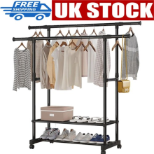 Double Rail Clothing Garment Rack Display Hanger Hanging Stand Cloth& Shoe Shelf