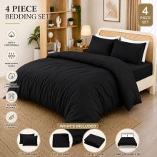 (Black, Super King) Duvet Cover Set with Fitted Sheet & Pillowcases